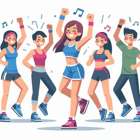 Group of happy young people in sportswear dancing and having fun. Vector illustration.のイラスト素材