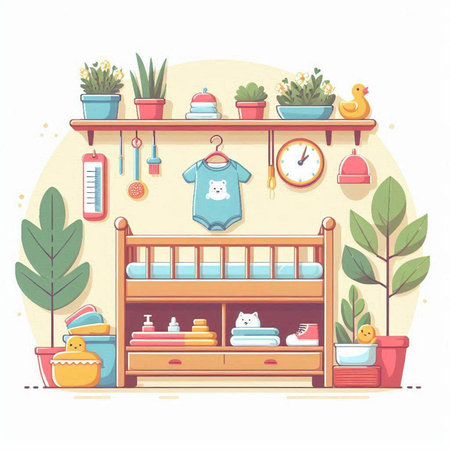 Baby room with furniture and toys. Vector illustration in flat style.のイラスト素材