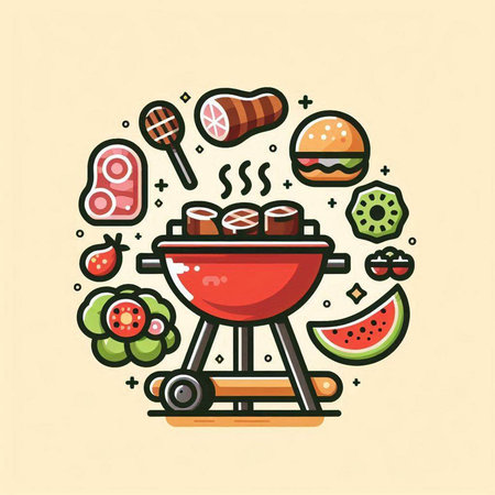 Barbecue round icon. Vector illustration in flat linear style. Barbeque party.のイラスト素材