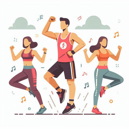Sporty young people running and listening to music, vector illustration.のイラスト素材