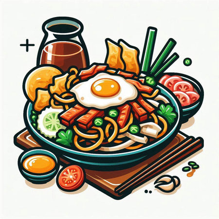 Illustration of japanese noodle with fried egg and vegetablesのイラスト素材