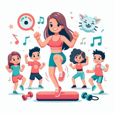 Cartoon vector illustration of happy children playing sports. Healthy lifestyle concept.のイラスト素材