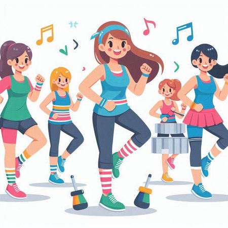 Fitness woman running with friends. Vector illustration in cartoon style.のイラスト素材