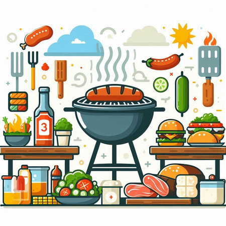 Vector illustration of a barbecue grill with various food and drinks on white backgroundのイラスト素材