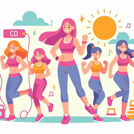 Fitness, sport and healthy lifestyle concept. Group of young women running and jogging. Vector illustrationのイラスト素材