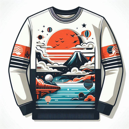 Illustration of t-shirt with mountains, sun and clouds.のイラスト素材