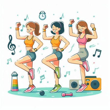 Vector illustration of group of young sporty girls in sportswear dancing and listening to music.のイラスト素材