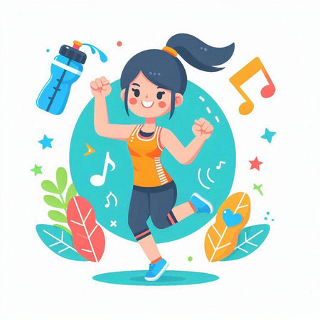 Sporty girl running with a bottle of water and music. Vector illustration.のイラスト素材