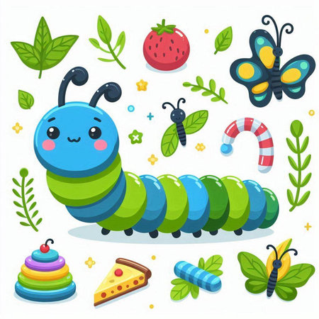 Cute cartoon caterpillar vector illustration. Cute colorful caterpillar collection.のイラスト素材