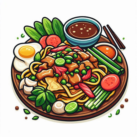 Noodles with chicken and vegetables in a plate. Vector illustration.のイラスト素材