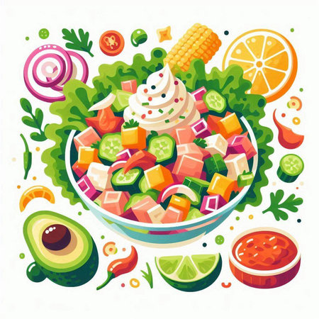 Salad with avocado, tomato, cucumber, onion and mayonnaise in bowl. Vector illustrationのイラスト素材