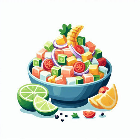 Salad with feta cheese, tomato, cucumber, onion, pepper and lime. Vector illustration.のイラスト素材