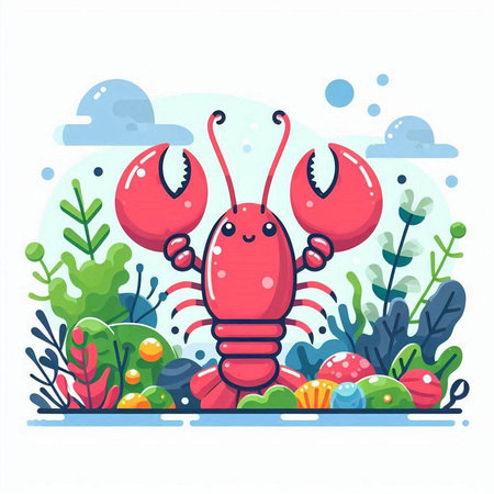 Cute cartoon lobster on a background of the sea. Vector illustration.のイラスト素材