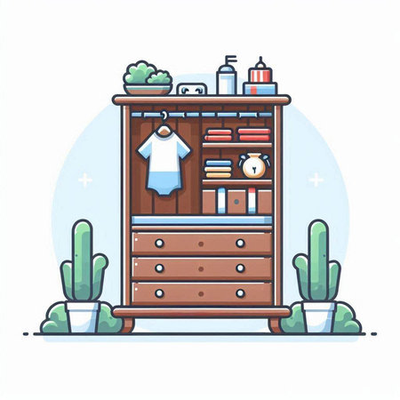 Cupboard with clothes and accessories. Vector illustration in cartoon styleのイラスト素材