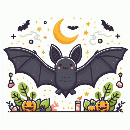 Halloween vector illustration. Cute cartoon bat in the forest.のイラスト素材