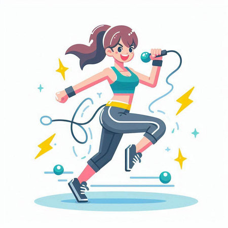 Sporty woman doing exercise with skipping rope. Vector illustration in cartoon style.のイラスト素材