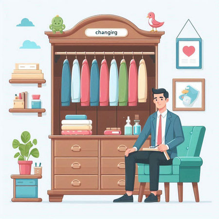 Man sitting on a chair in front of a wardrobe. Vector illustrationのイラスト素材