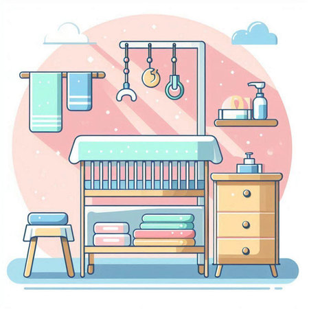Childrens bedroom with furniture and toys. Flat color vector illustration.のイラスト素材