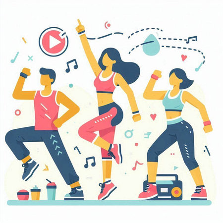 Group of sportive people dancing and listening to music. Flat style vector illustration.のイラスト素材
