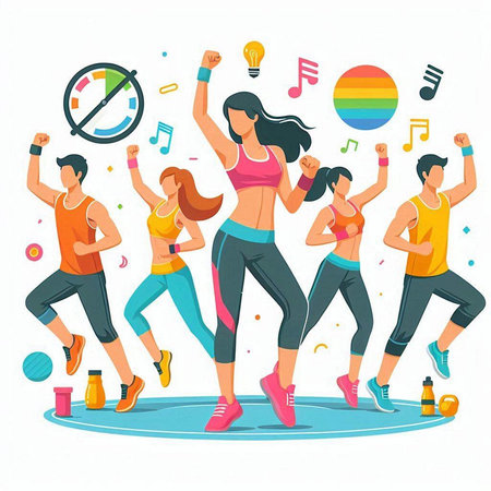 Group of happy people running together. Vector illustration in flat style.のイラスト素材