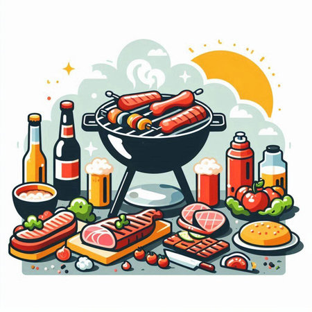 Vector illustration of barbecue party with food and drinks on white background.のイラスト素材