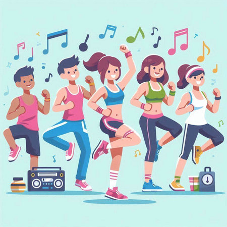 Group of people doing sport exercises. Healthy lifestyle. Vector illustration.のイラスト素材