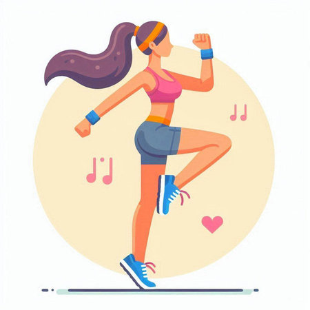 Sporty young woman running and listening to music. Vector illustration.のイラスト素材