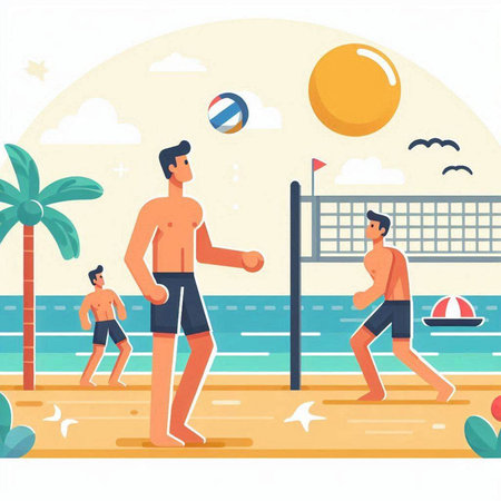 Summer beach holidays vector illustration. Cartoon men playing beach volleyball on seashoreのイラスト素材