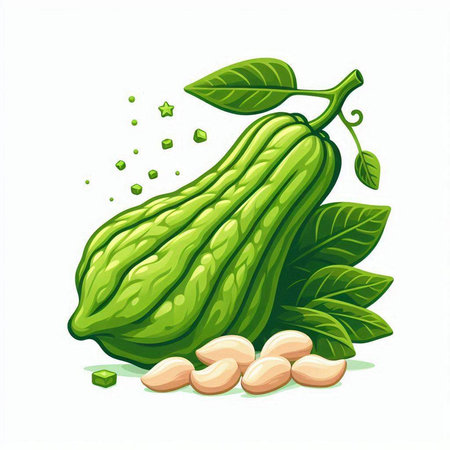 Bitter melon with leaves isolated on white background. Vector illustration.のイラスト素材