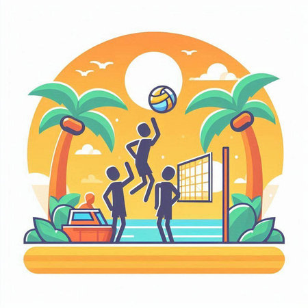 Beach volleyball vector illustration in flat cartoon style. Summer sport.のイラスト素材