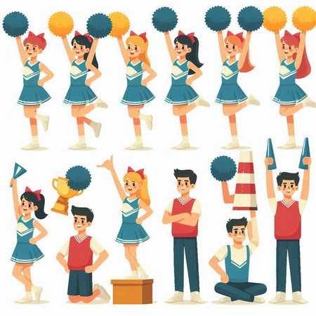 Cheerleaders set. Cheerleaders in different poses. Cheerleaders cartoon character. Cheerleader vector illustrationのイラスト素材