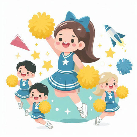 Cheerleaders with pom poms and rocket. Vector illustration.のイラスト素材