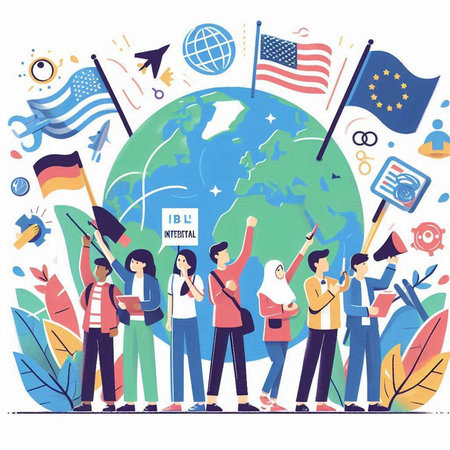 People of different nationalities holding flags and banners. Vector illustration.のイラスト素材