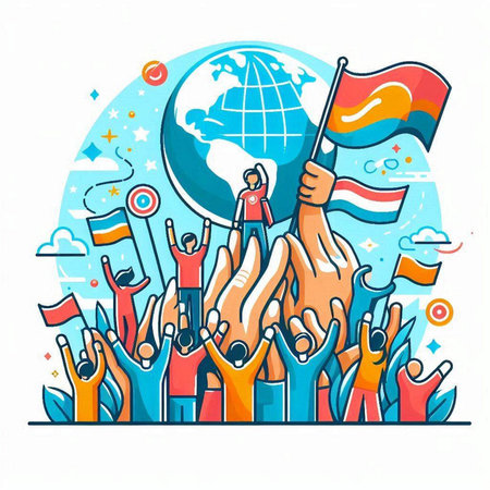 People holding flags of countries around the world. Vector illustration in thin line styleのイラスト素材