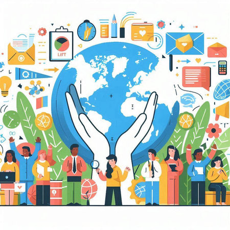 Teamwork of business people around the world. Flat vector illustration.のイラスト素材
