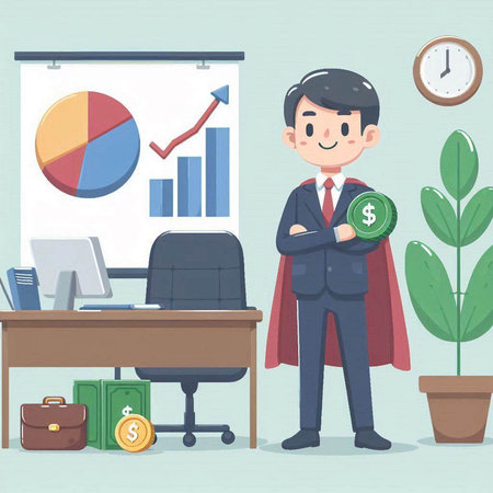 Businessman with briefcase and money in the office. Vector illustration.のイラスト素材