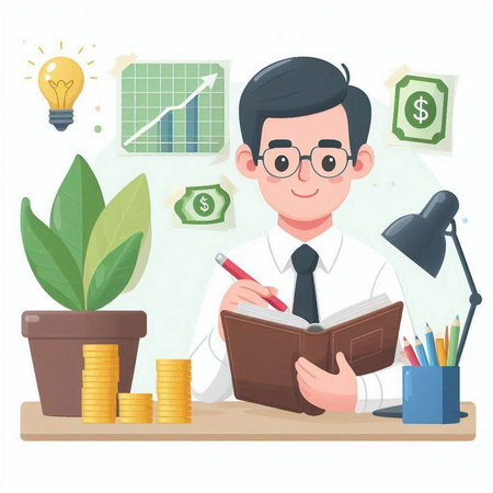 Businessman working at the office. Vector illustration in cartoon style.のイラスト素材