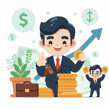 Businessman showing thumbs up with money. Vector illustration in cartoon style.のイラスト素材