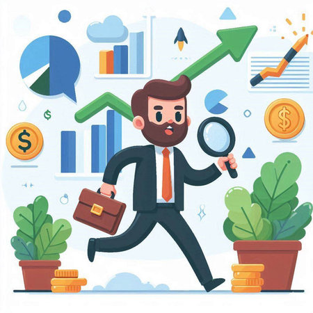 Businessman with magnifying glass and briefcase running. Vector illustrationのイラスト素材