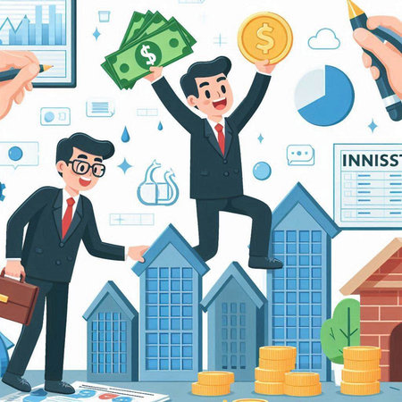 Businessman and real estate investment concept. Vector illustration in cartoon styleのイラスト素材
