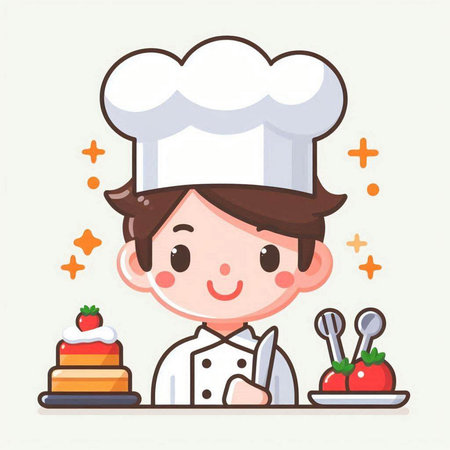 Cute little boy chef with cake and pastry. Vector illustration.のイラスト素材