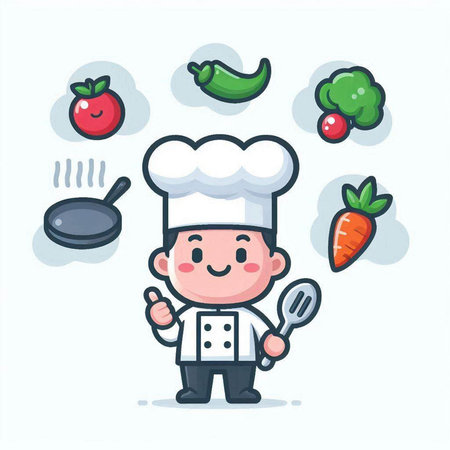 Chef boy with vegetables. Cute cartoon character vector illustration.のイラスト素材