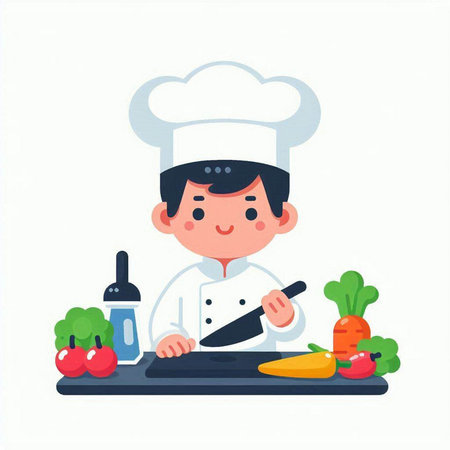 Chef boy cooking vegetables in the kitchen. Vector flat illustration.のイラスト素材