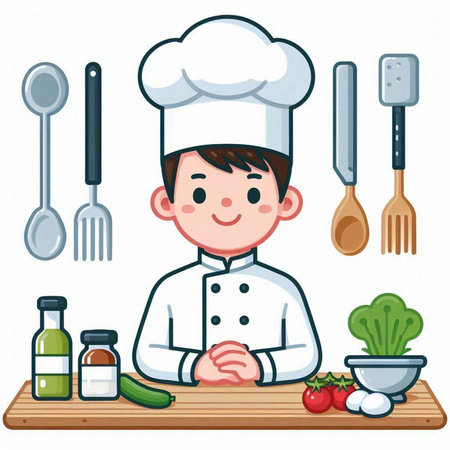Chef boy cooking with vegetables and utensils. Vector illustration.のイラスト素材