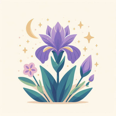 Illustration of a violet iris flower and a crescent moonのイラスト素材