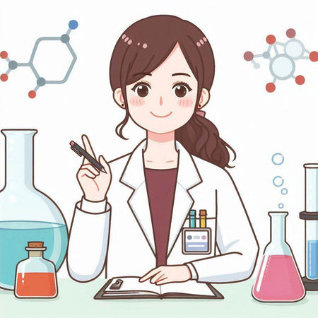 Illustration of a female scientist writing in a notebook while holding a penのイラスト素材