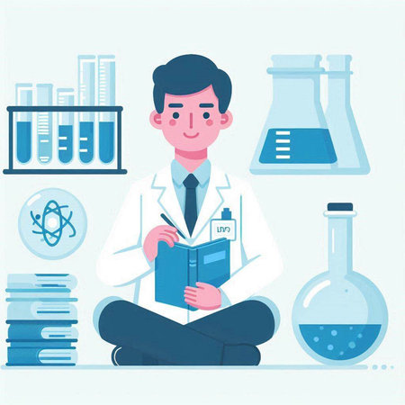 Vector illustration of a male scientist in a laboratory. Flat style design.のイラスト素材