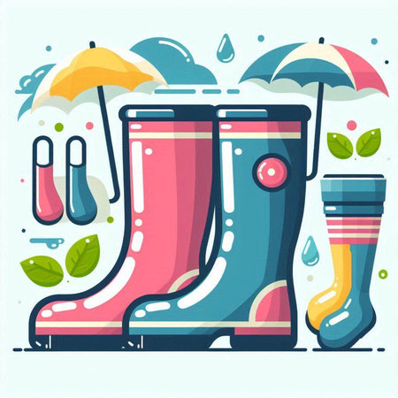Vector illustration of rubber boots with umbrellas and water drops.のイラスト素材