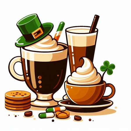 Illustration of Irish coffee with whipped cream, cookies and leprechaun hatのイラスト素材