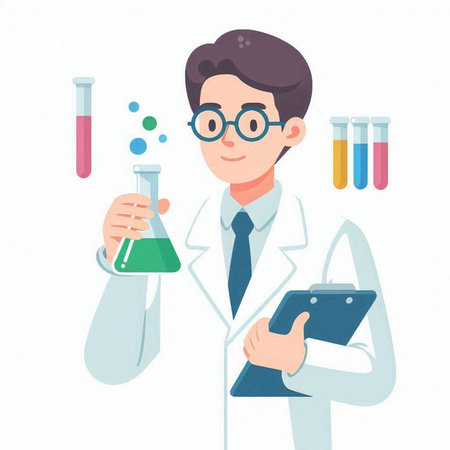 Male scientist in white coat and glasses holding flask and tablet. Vector illustrationのイラスト素材